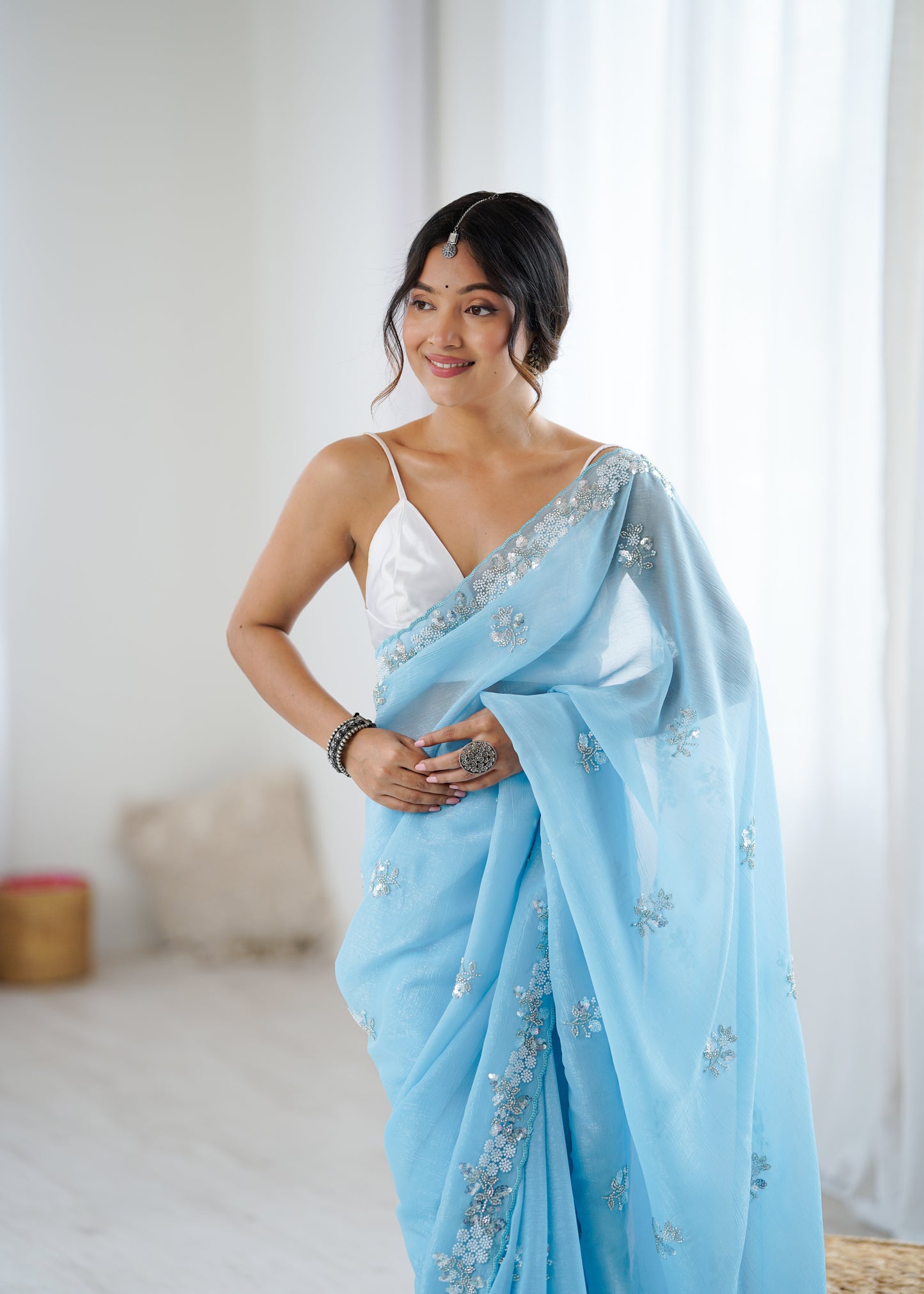 Chiffon Shaded Crush  Sequins And Moti And Cut Dana Embroidered  Work Ultra Sattin Blouse Piece