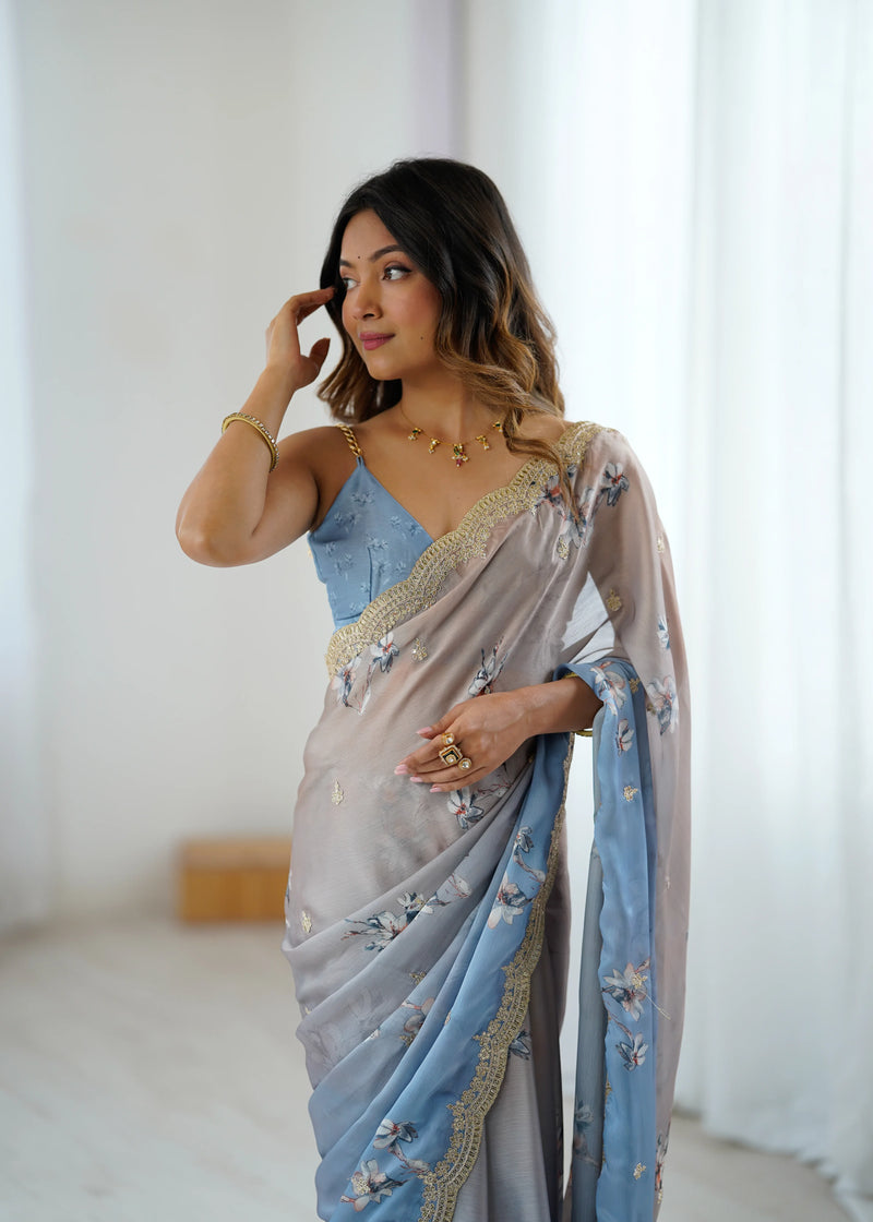 Satin Chiffon With Hand Print Sequins And Dori Embroidered Work With Sattin Chiffon Blouse Piece - EZBER