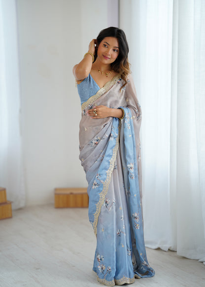 Sattin Chiffon With Hand Print Sequins And Dori Embroidered Work With Sattin Chiffon Blouse Piece