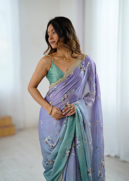 Sattin Chiffon With Hand Print Sequins And Dori Embroidered Work With Sattin Chiffon Blouse Piece