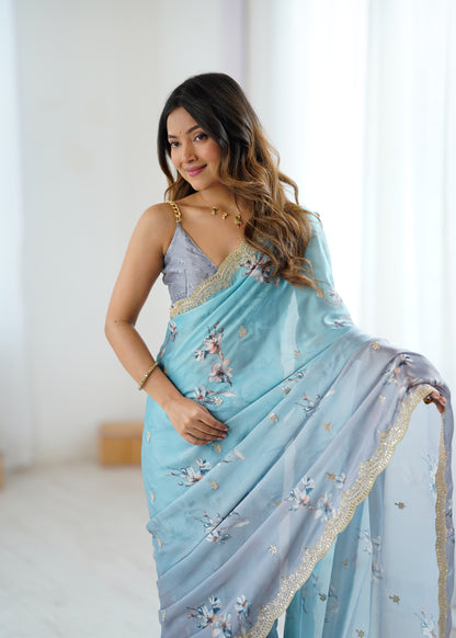 Sattin Chiffon With Hand Print Sequins And Dori Embroidered Work With Sattin Chiffon Blouse Piece