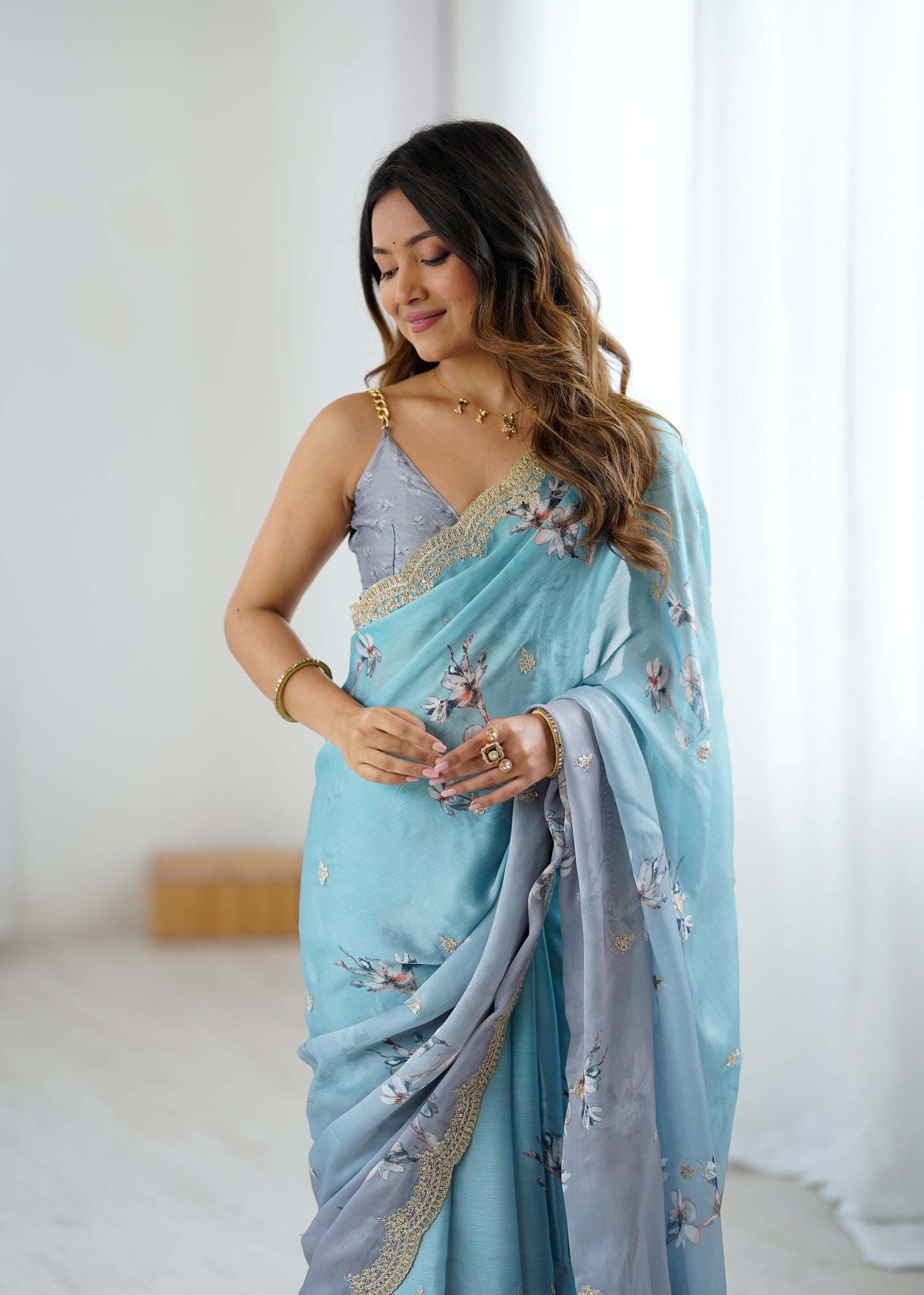 Sattin Chiffon With Hand Print Sequins And Dori Embroidered Work With Sattin Chiffon Blouse Piece