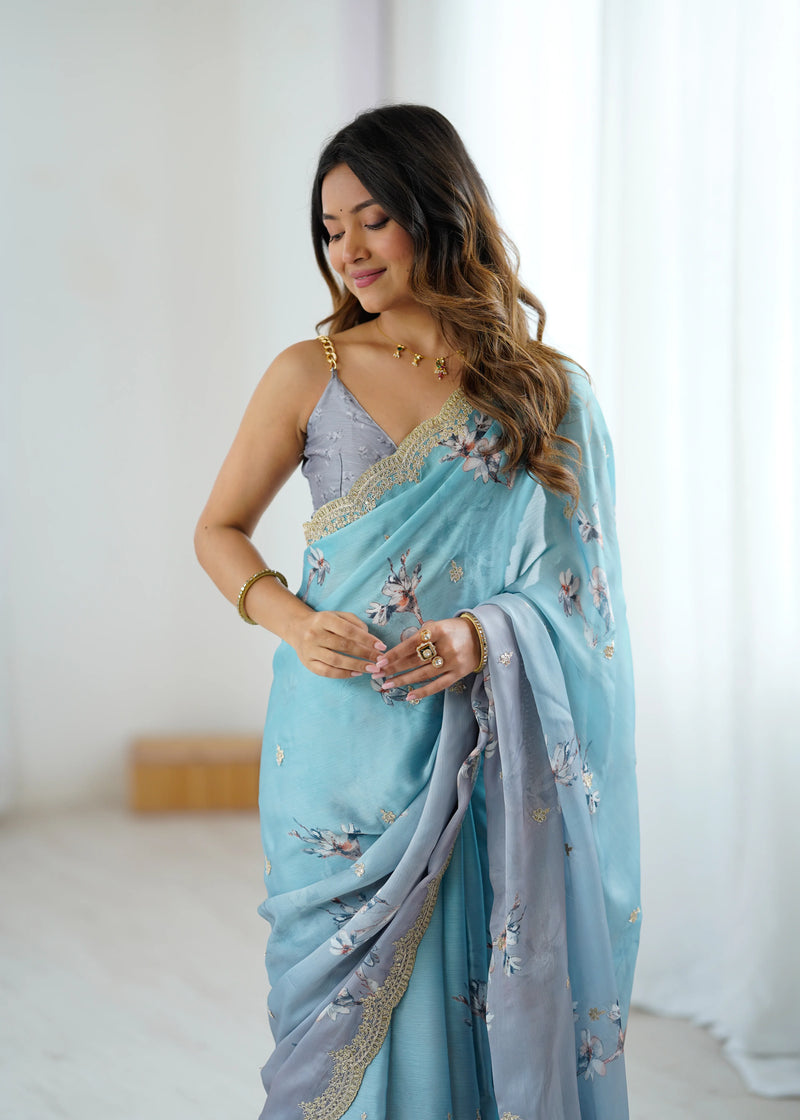 Satin Chiffon With Hand Print Sequins And Dori Embroidered Work With Sattin Chiffon Blouse Piece - EZBER