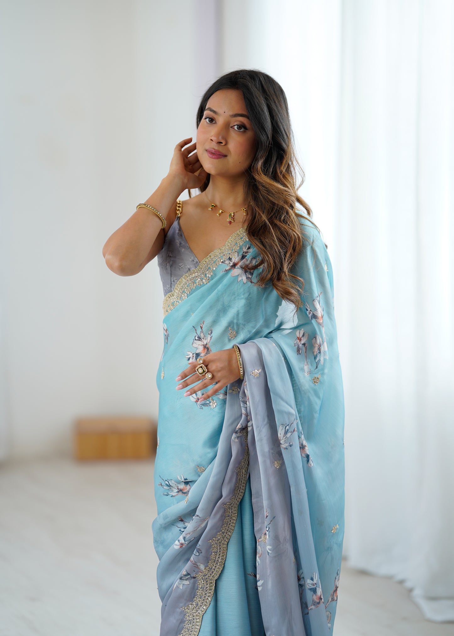 Sattin Chiffon With Hand Print Sequins And Dori Embroidered Work With Sattin Chiffon Blouse Piece