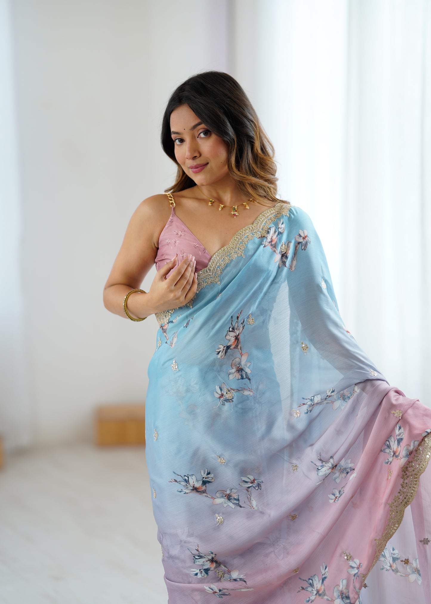 Sattin Chiffon With Hand Print Sequins And Dori Embroidered Work With Sattin Chiffon Blouse Piece