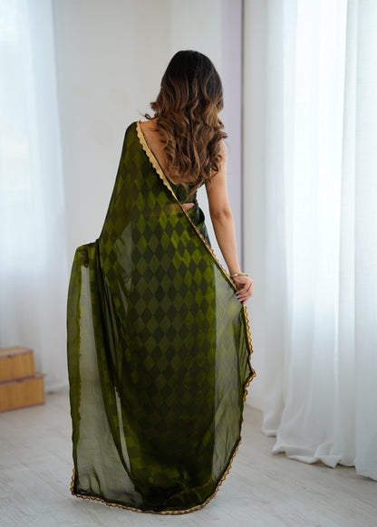 NC Chiffon Chex Cotdana Border Lace Embroidered Work With Blouse Piece