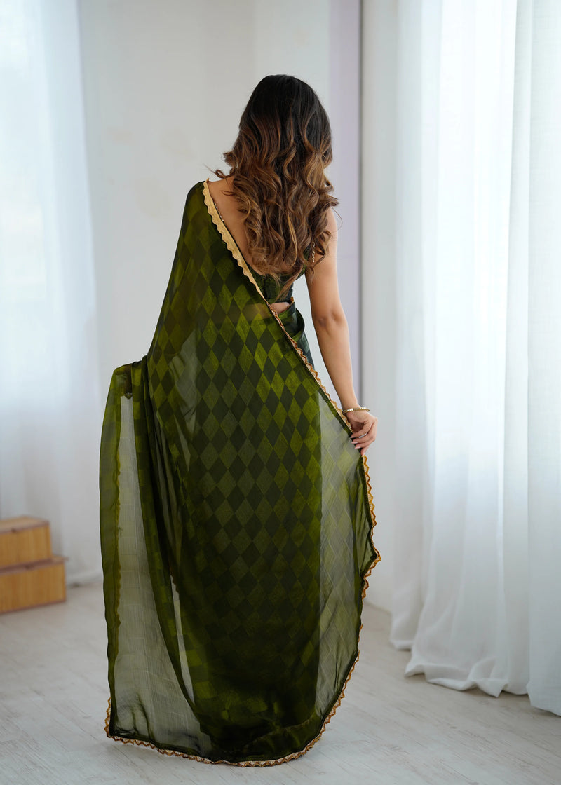 NC Chiffon Chex Cotdana Border Lace Embroidered Work With Blouse Piece - EZBER