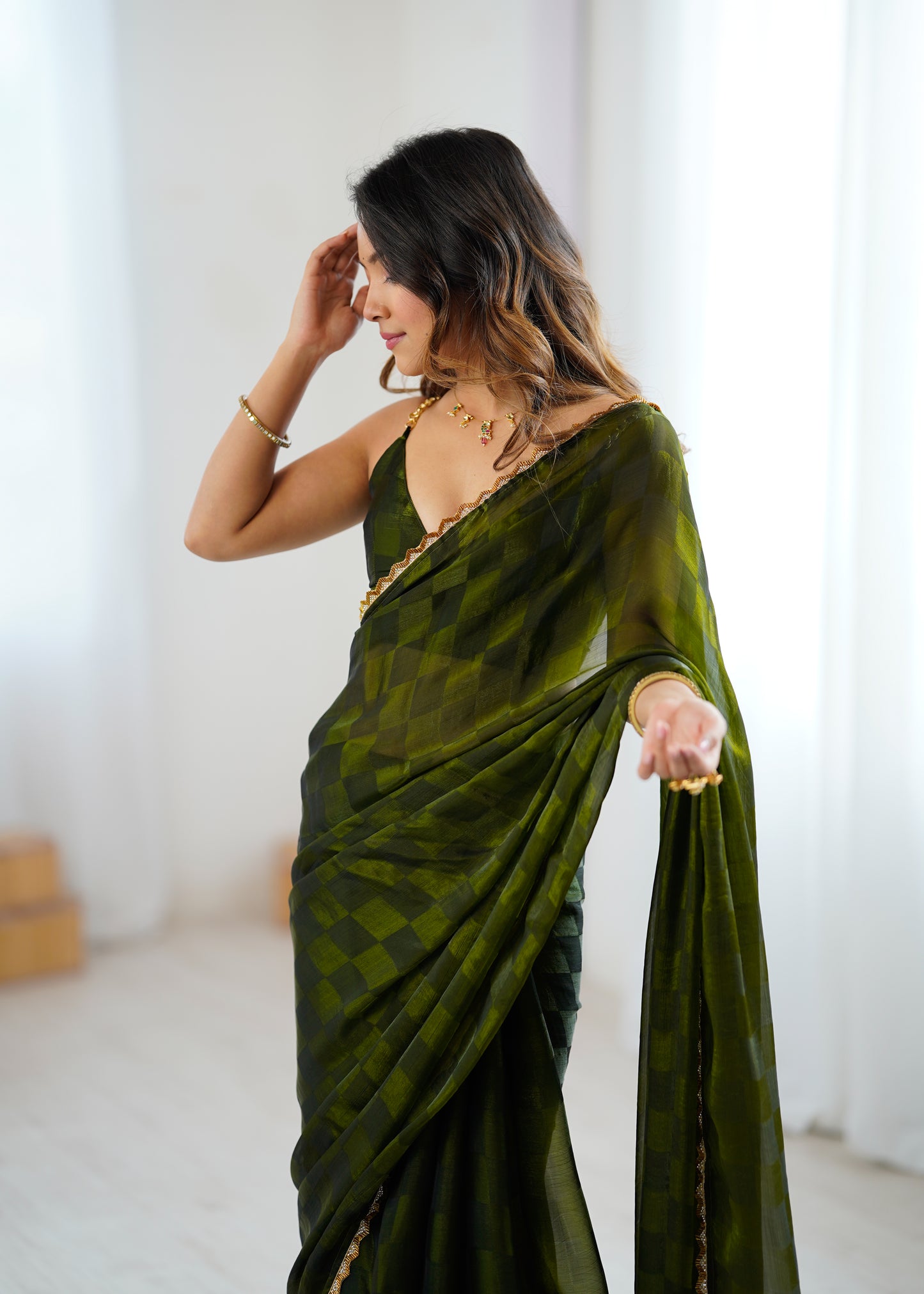 NC Chiffon Chex Cotdana Border Lace Embroidered Work With Blouse Piece