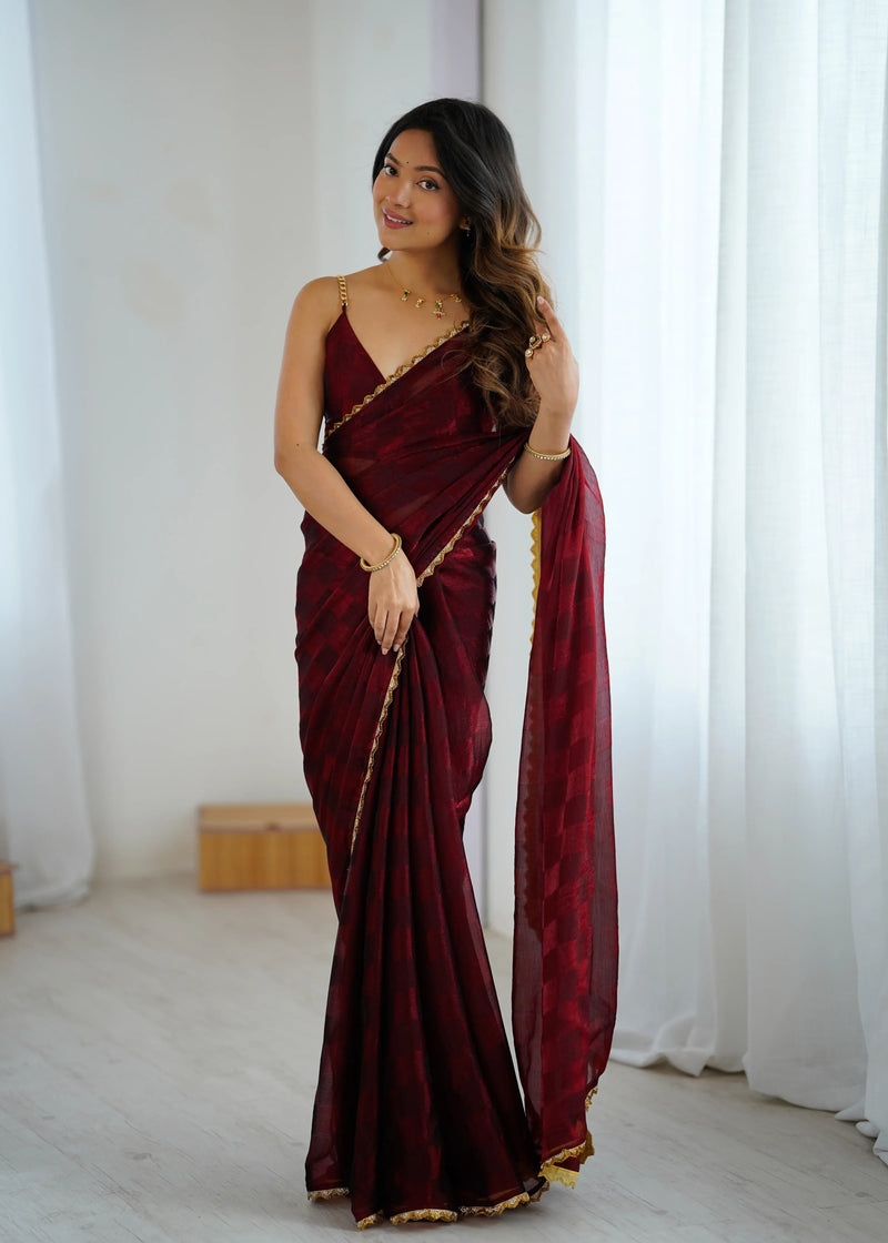 Maroon Chiffon Saree with Blouse Piece  | EZBER