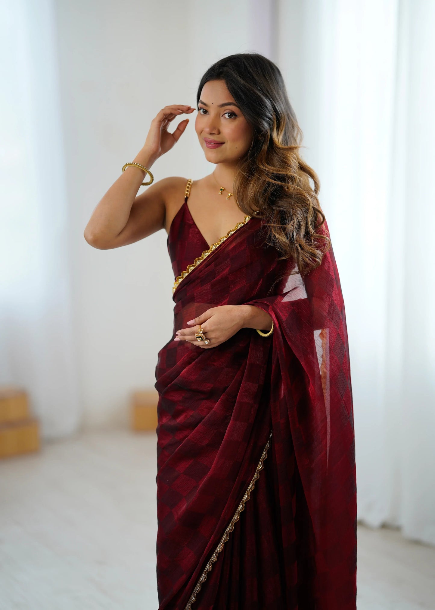 Maroon Chiffon Saree with Blouse Piece  | EZBER