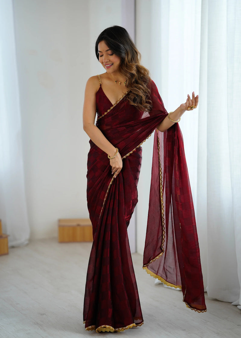 Maroon Chiffon Saree with Blouse Piece  | EZBER