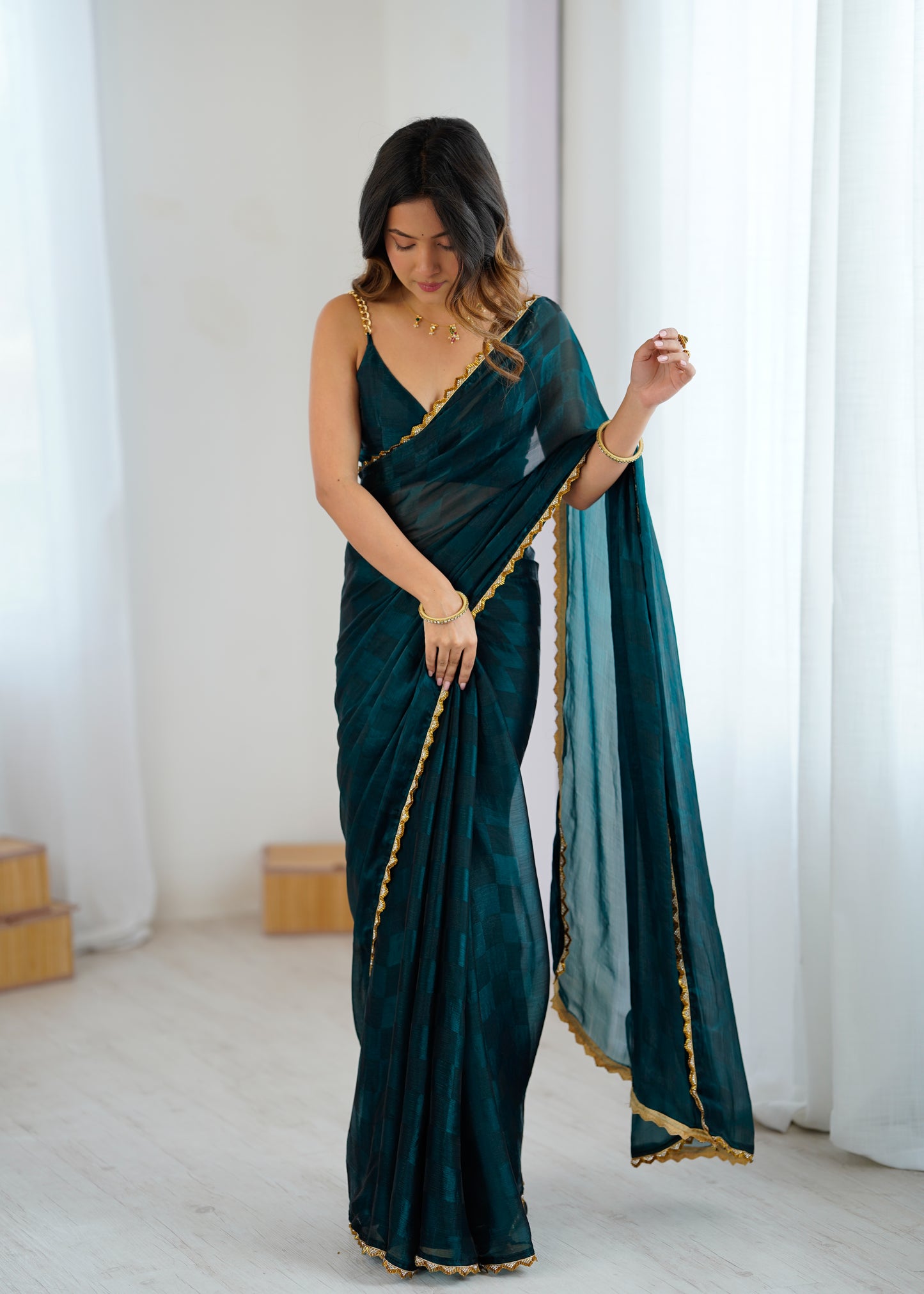 NC Chiffon Chex Cotdana Border Lace Embroidered Work With Blouse Piece