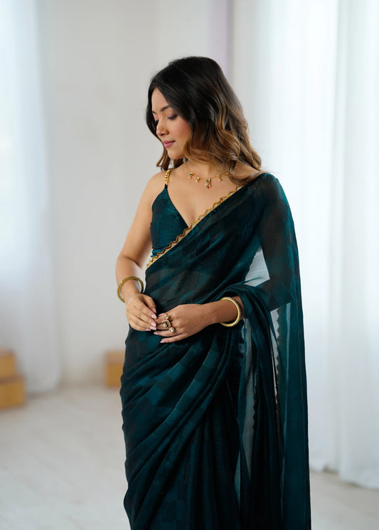 NC Chiffon Chex Cotdana Border Lace Embroidered Work With Blouse Piece - EZBER