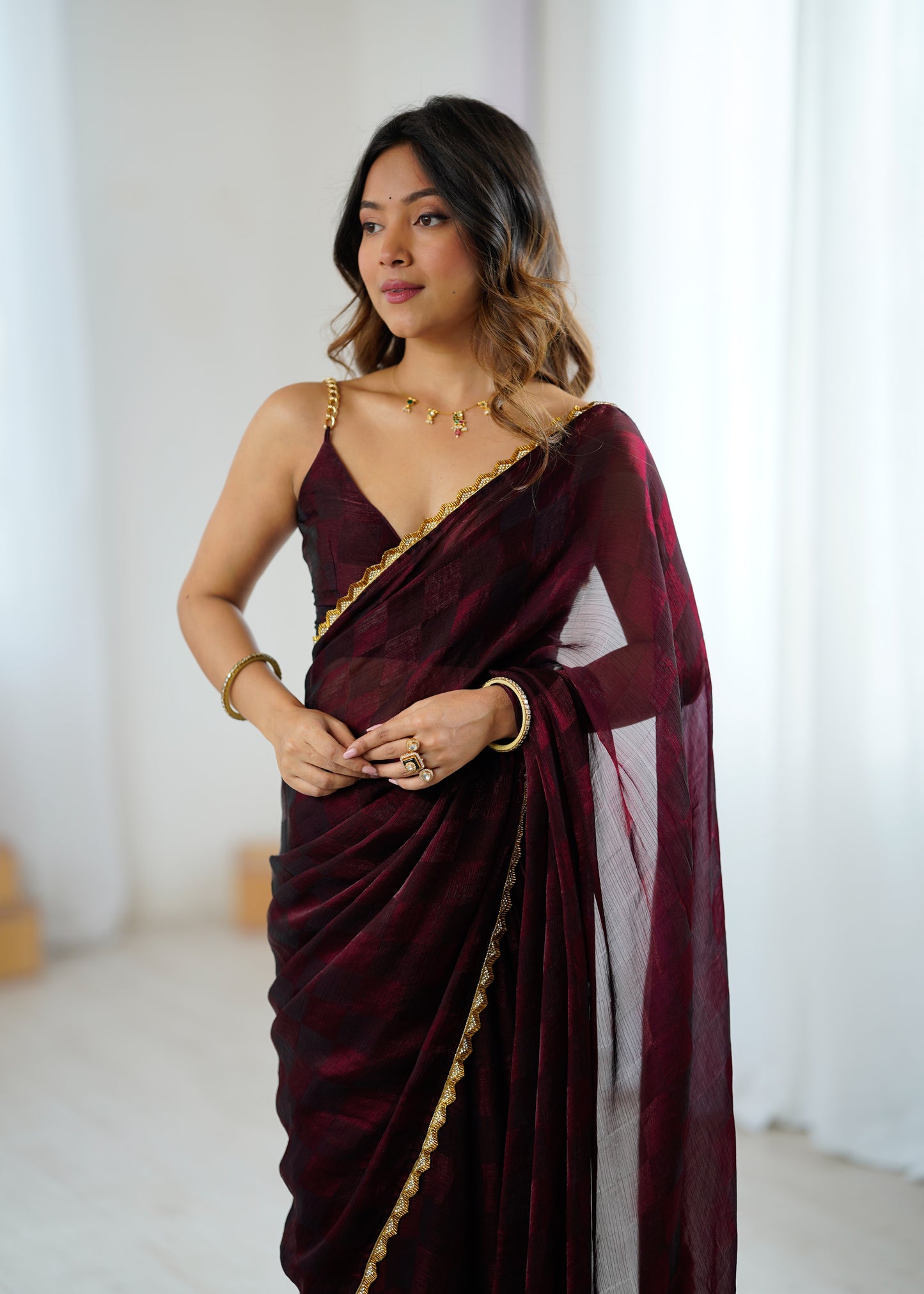 NC Chiffon Chex Cotdana Border Lace Embroidered Work With Blouse Piece