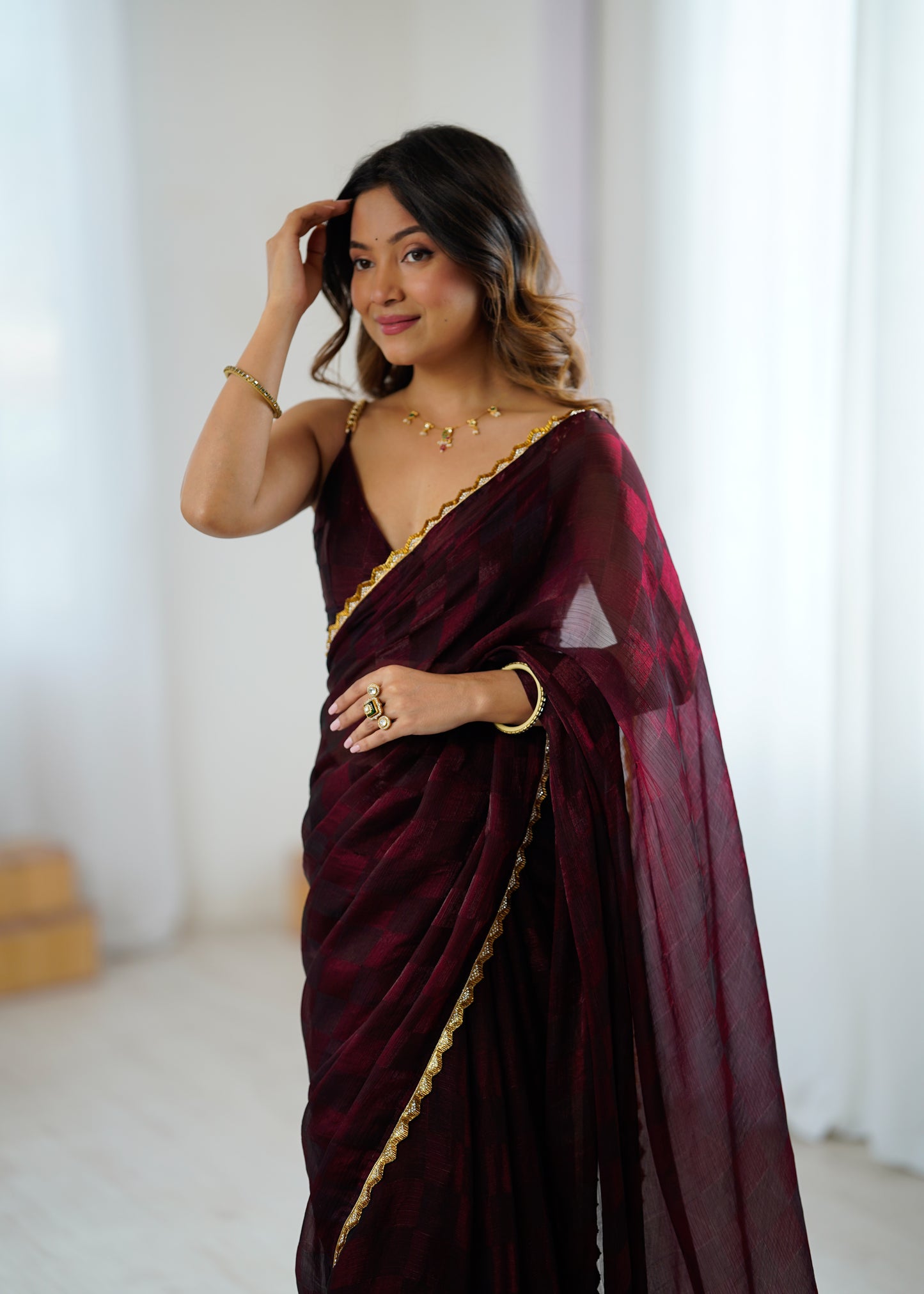 NC Chiffon Chex Cotdana Border Lace Embroidered Work With Blouse Piece