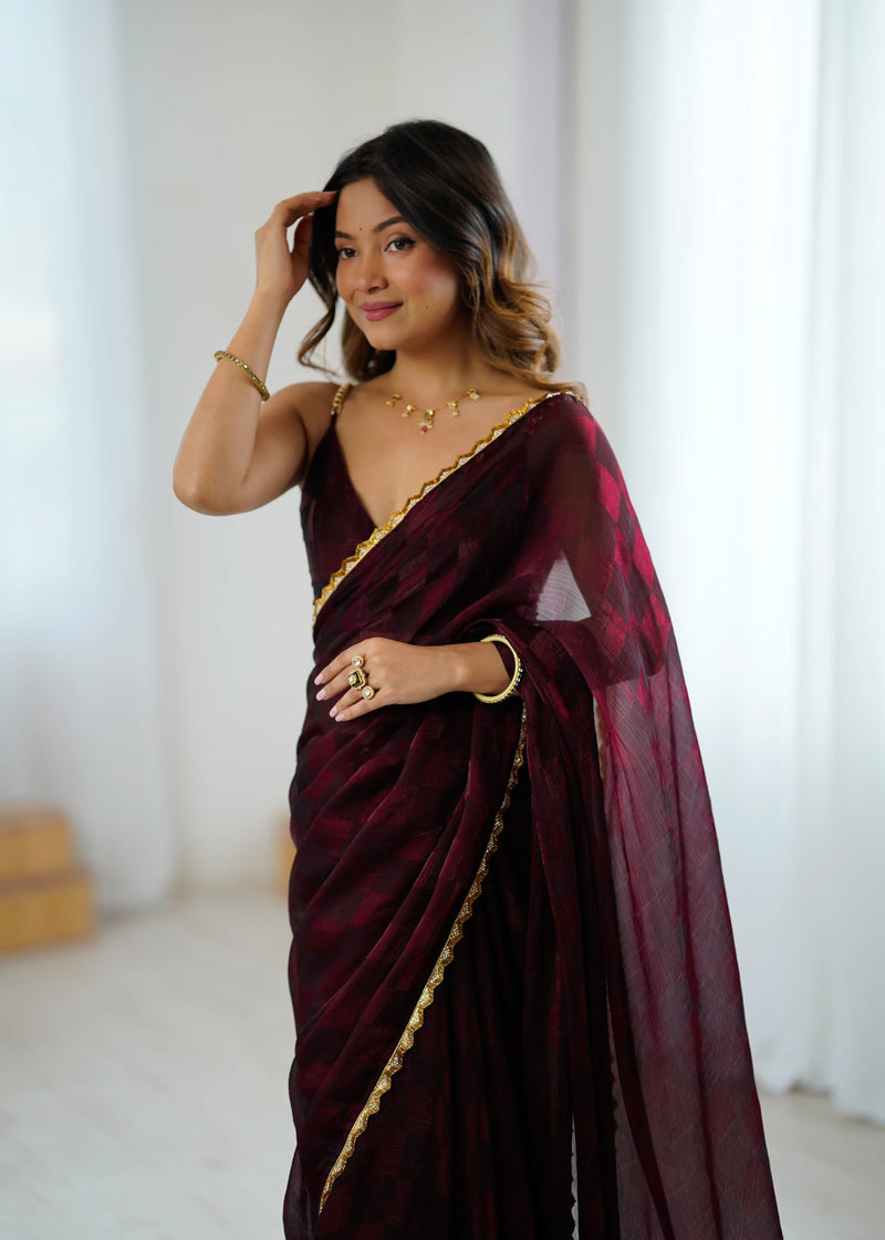 NC Chiffon Chex Cotdana Border Lace Embroidered Work With Blouse Piece - EZBER