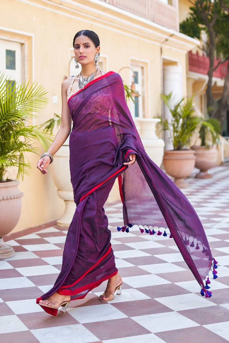 Violet Purple Mulmul Cotton Saree - EZBER