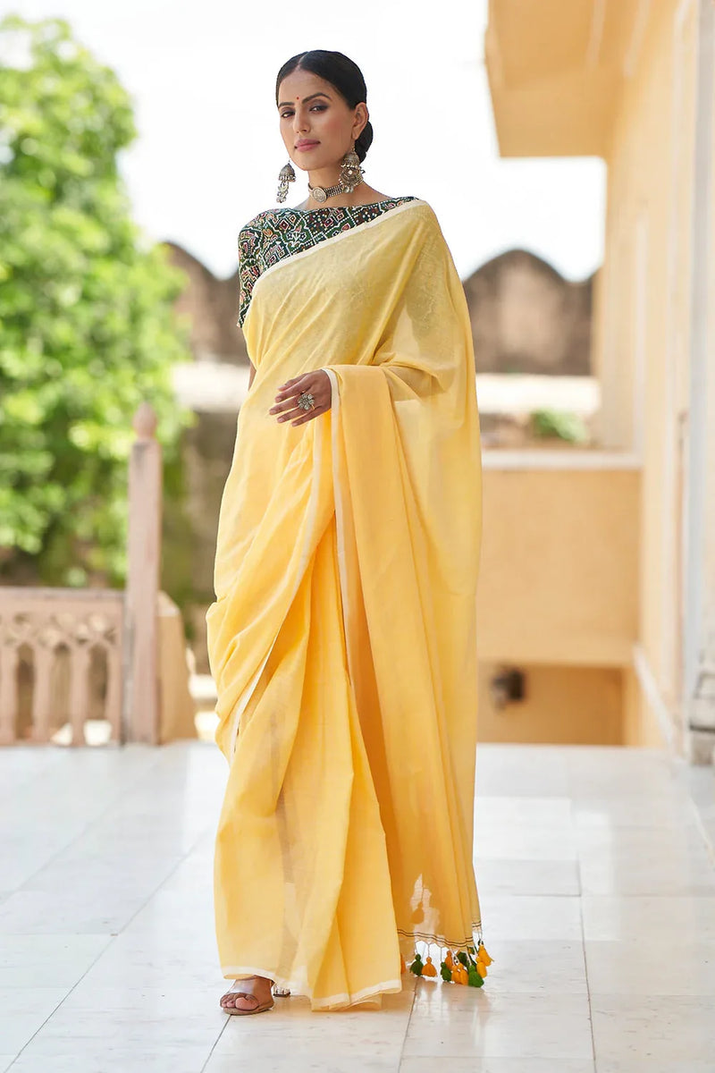 Pineapple Yellow Mulmul Cotton Saree - EZBER