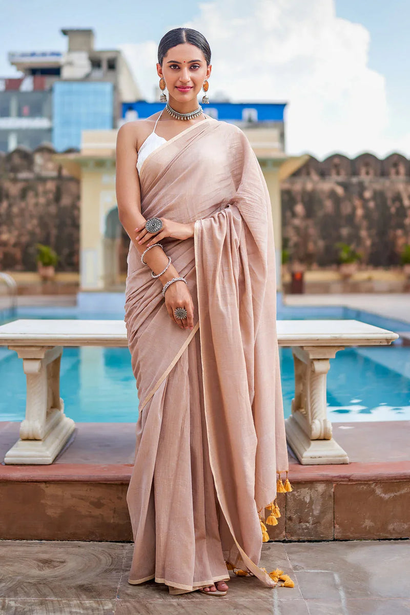 Sand Beige Mulmul Cotton Saree - EZBER