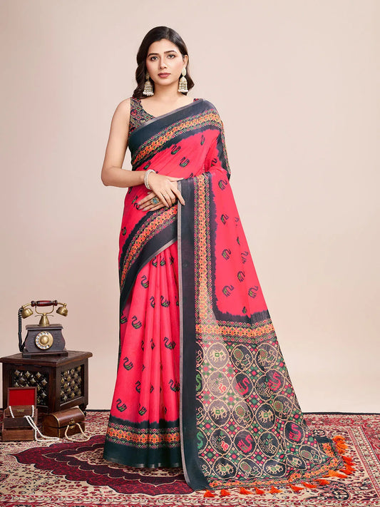 Pink Linen Blend Saree With Blouse Piece - EZBER