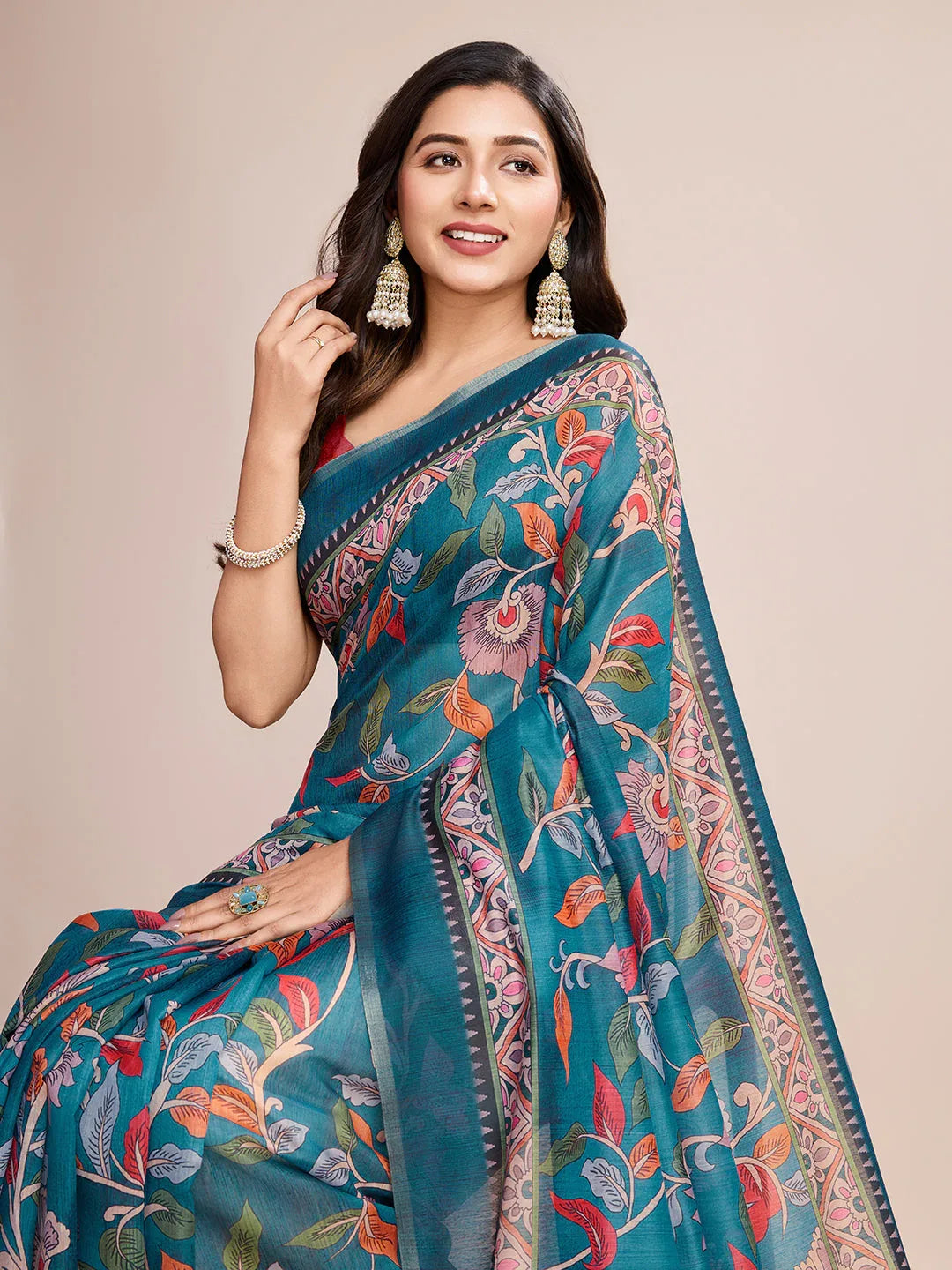 Light Blue Linen Blend Saree With Blouse Piece - EZBER