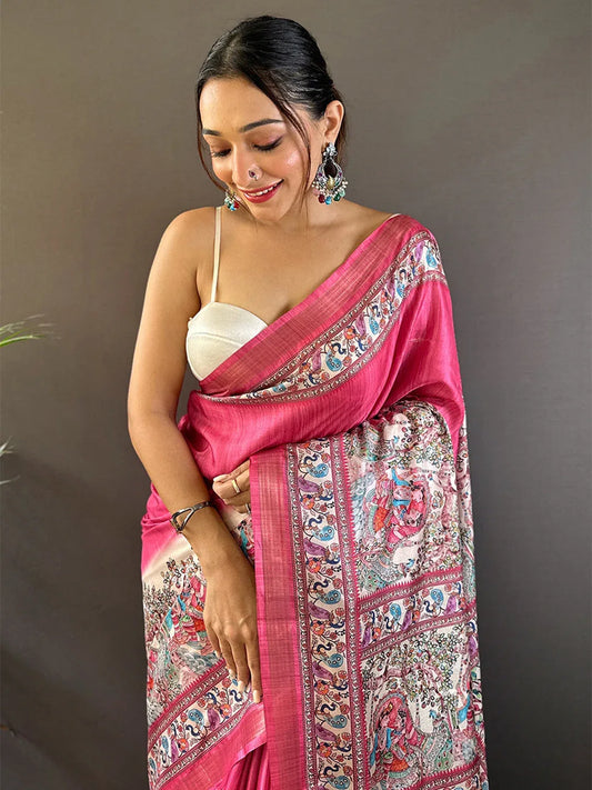 Pink Tussar Silk Saree With Blouse Piece - EZBER