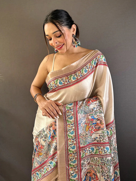 Cream Tussar Silk Saree With Blouse Piece - EZBER