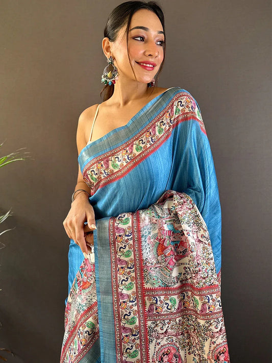 Blue Tussar Silk Saree With Blouse Piece - EZBER