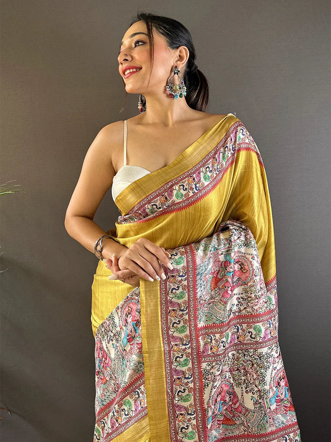 Yellow Tussar Silk Saree With Blouse Piece - EZBER