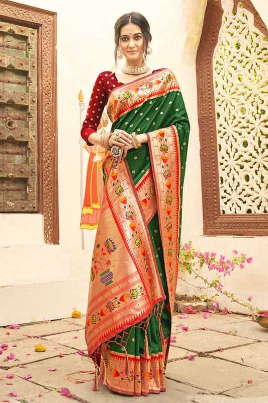 Bottle Green Paithani Saree - EZBER