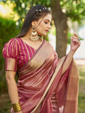 Maroon Tissue Saree With Blouse Piece - EZBER