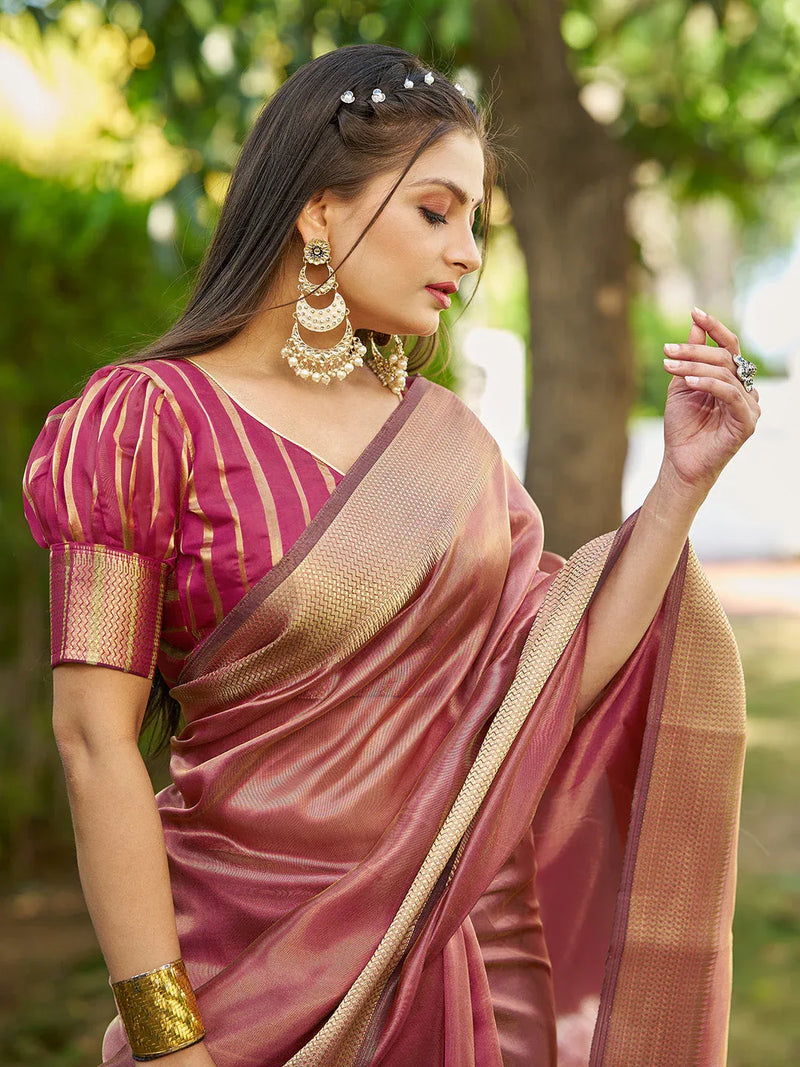 Maroon Tissue Saree With Blouse Piece - EZBER