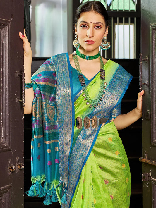 Green Raw Silk Festive Wear Saree With Blouse Piece - EZBER