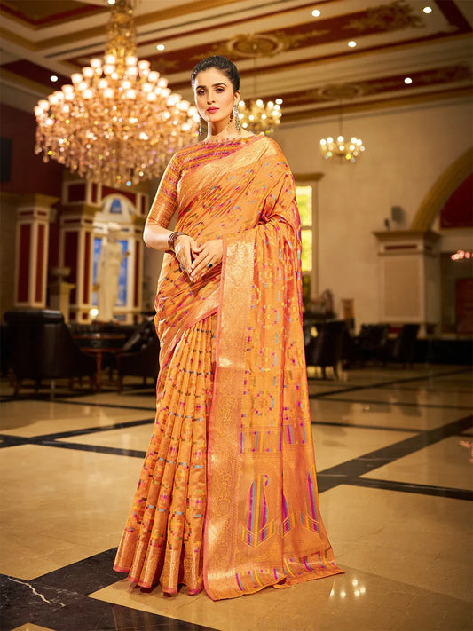 Yellow Organza Festive Wear Saree With Blouse Piece - EZBER