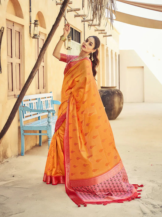 Orange Raw Silk Festive Wear Saree With Blouse Piece - EZBER