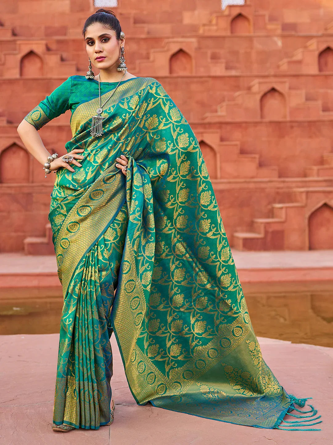 Green Soft Silk Festive Wear Saree With Blouse Piece - EZBER