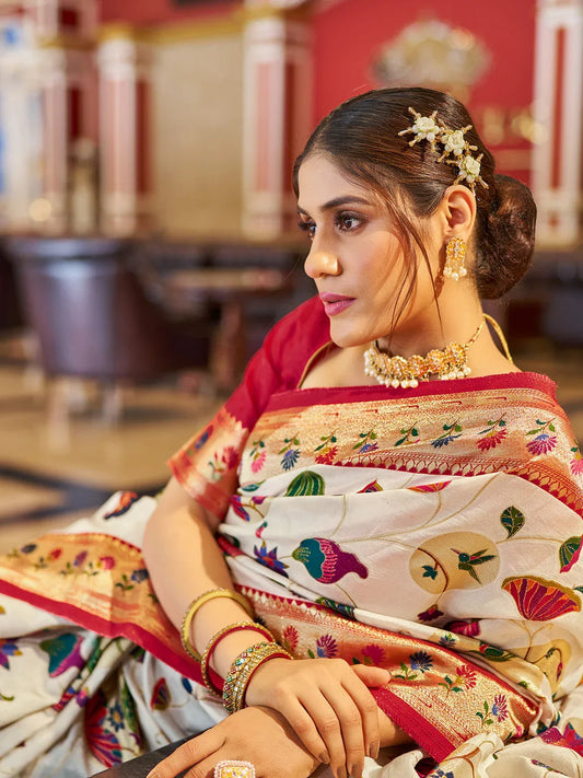 White Pure Viscose Saree With Blouse Piece - EZBER