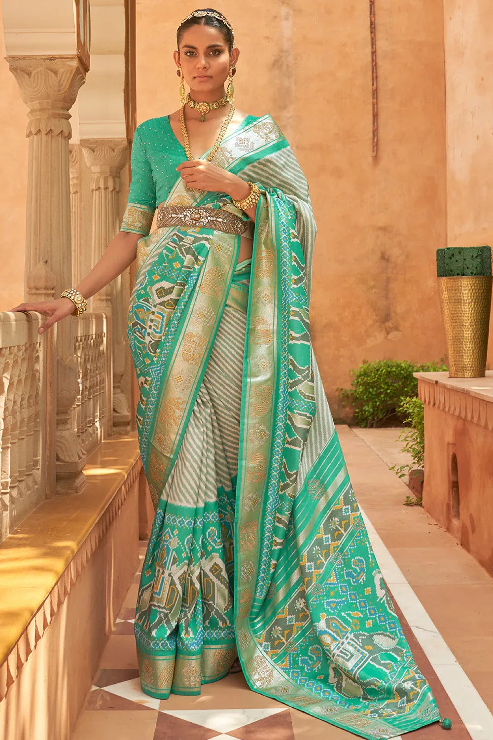 Seafoam Green Patola Saree - EZBER