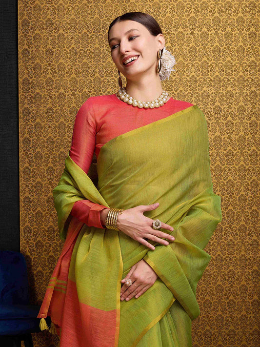 Pista Linen Festive Wear Saree With Blouse Piece - EZBER