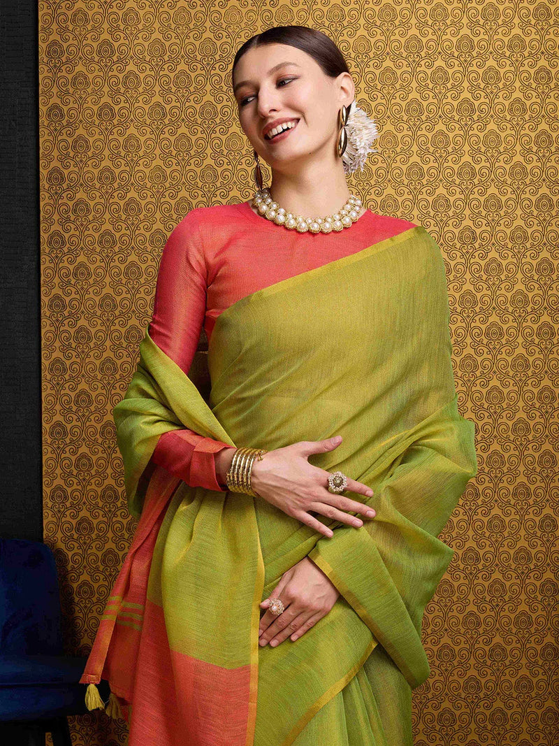 Pista Linen Festive Wear Saree With Blouse Piece - EZBER