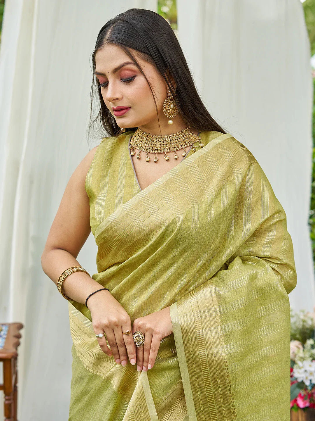 Pista Organza Saree With Blouse Piece - EZBER