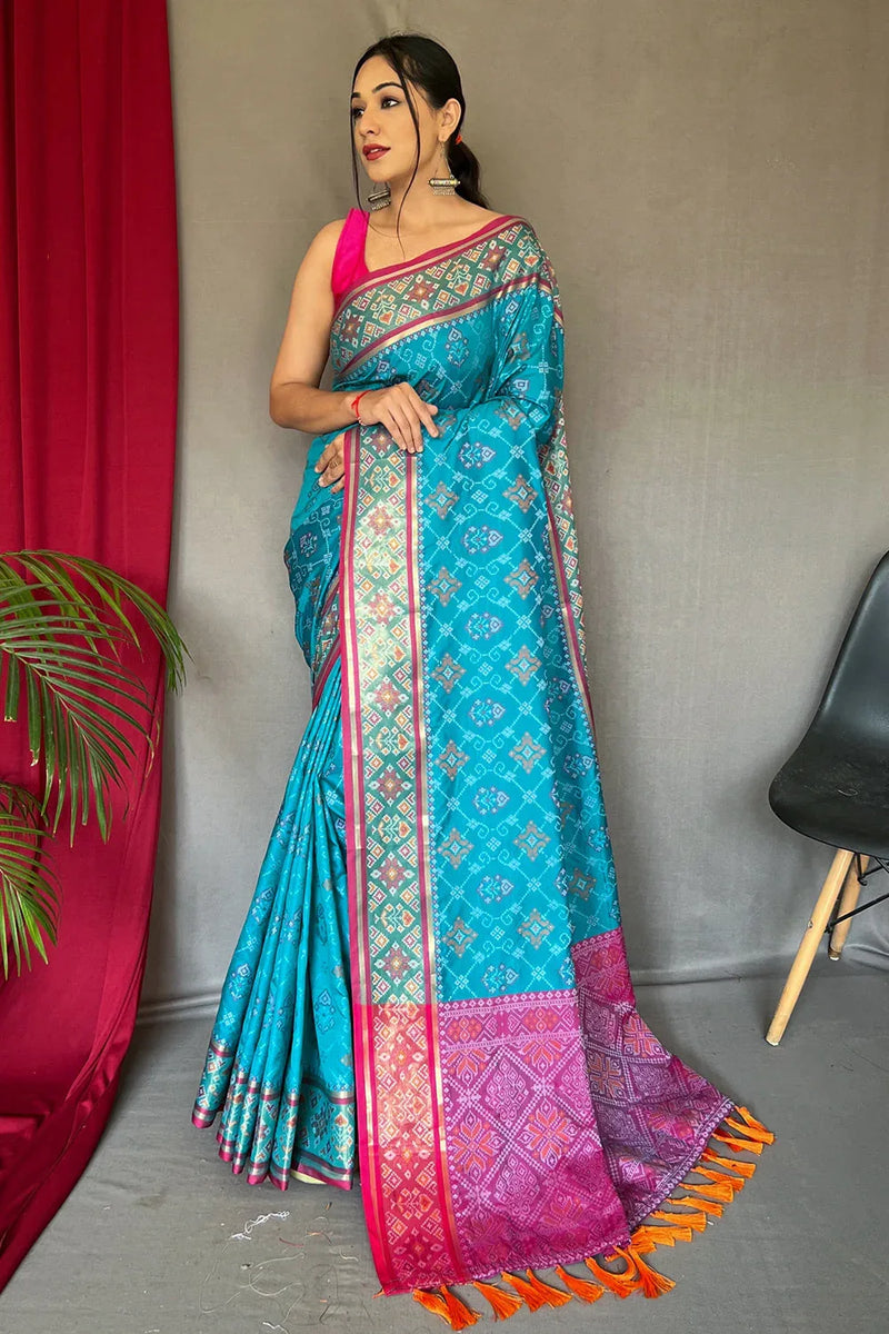 Cyaan Blue Patola Saree - EZBER
