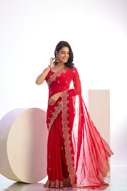 Chiffon Embroidered Work With Embroidered Blouse Piece