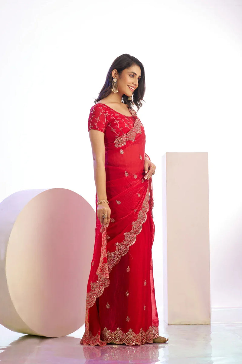 Chiffon Embroidered Work With Embroidered Blouse Piece - EZBER