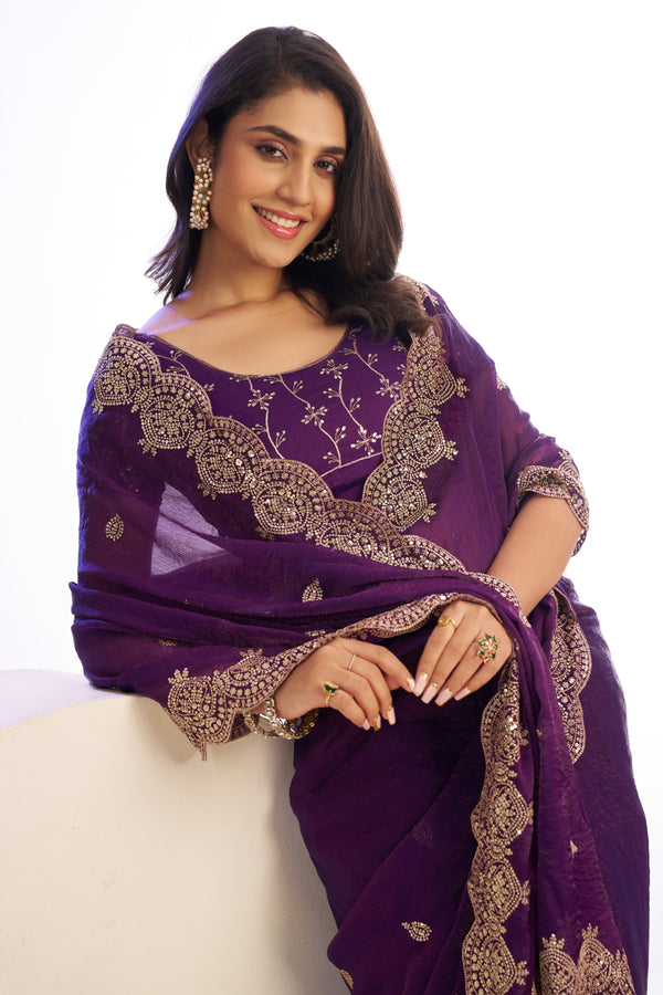 Chiffon Embroidered Work With Embroidered Blouse Piece