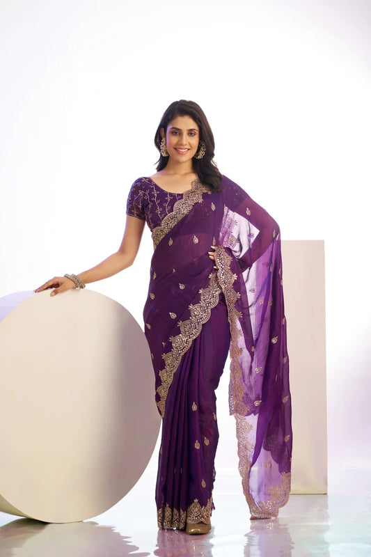 Chiffon Embroidered Work With Embroidered Blouse Piece - EZBER