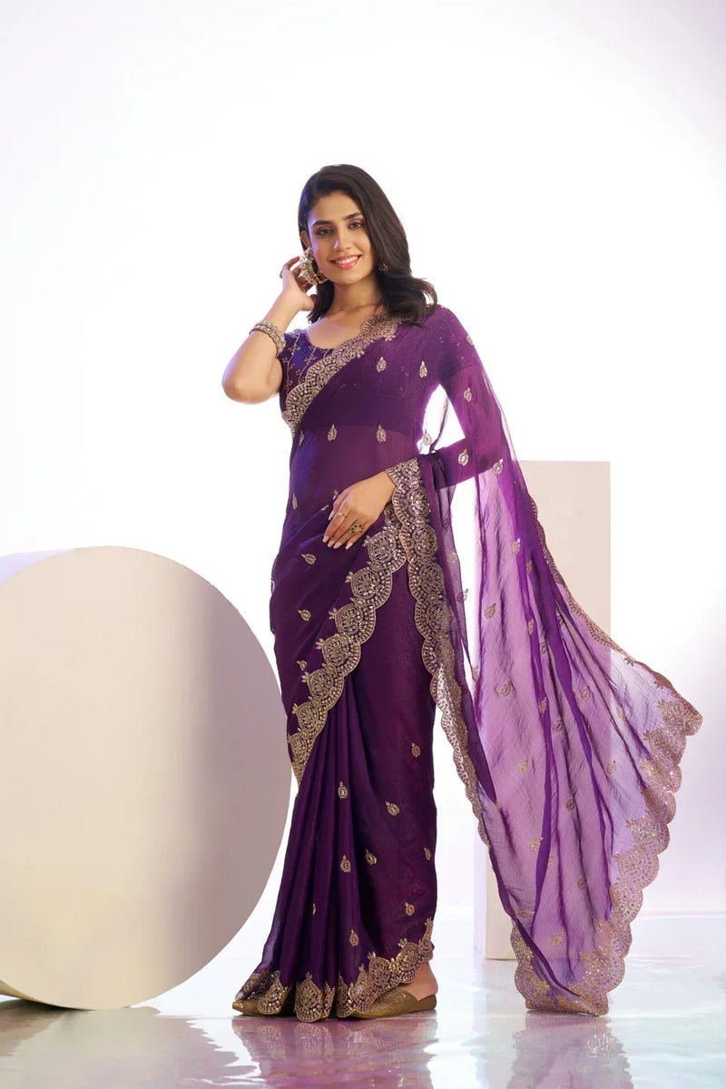 Chiffon Embroidered Work With Embroidered Blouse Piece - EZBER