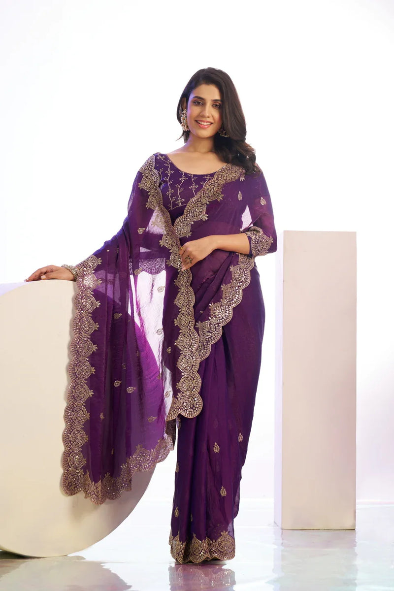 Chiffon Embroidered Work With Embroidered Blouse Piece - EZBER