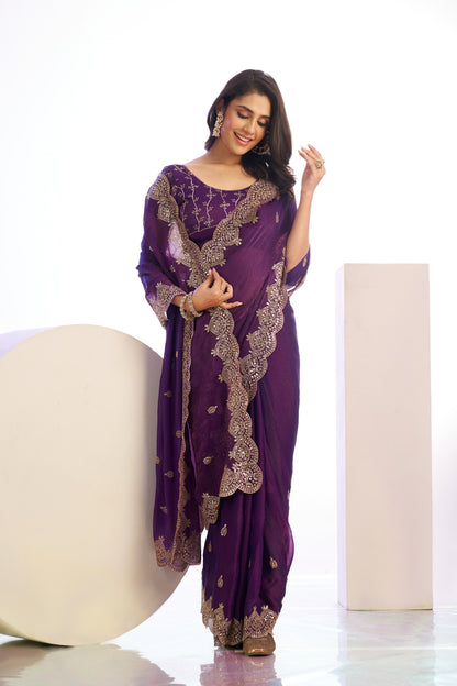 Chiffon Embroidered Work With Embroidered Blouse Piece