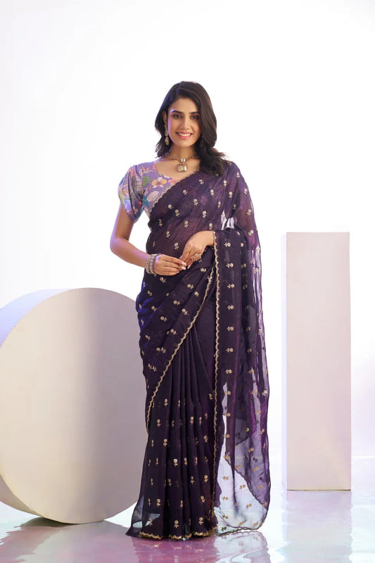 Crunchi Embroidered Work Saree With Printed Blouse Piece - EZBER